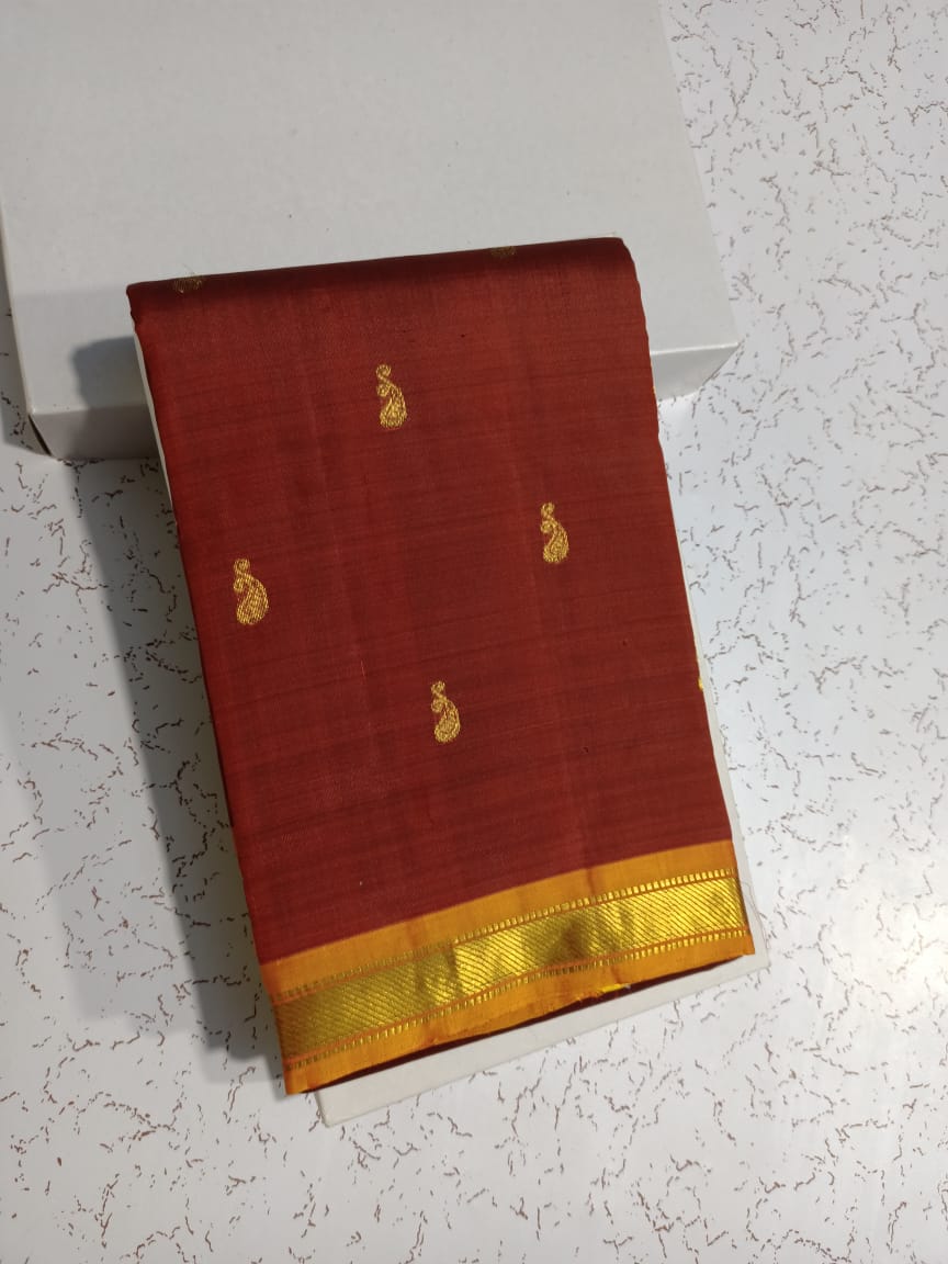Maroon with Mango yellow kanjivaram pure silk saree